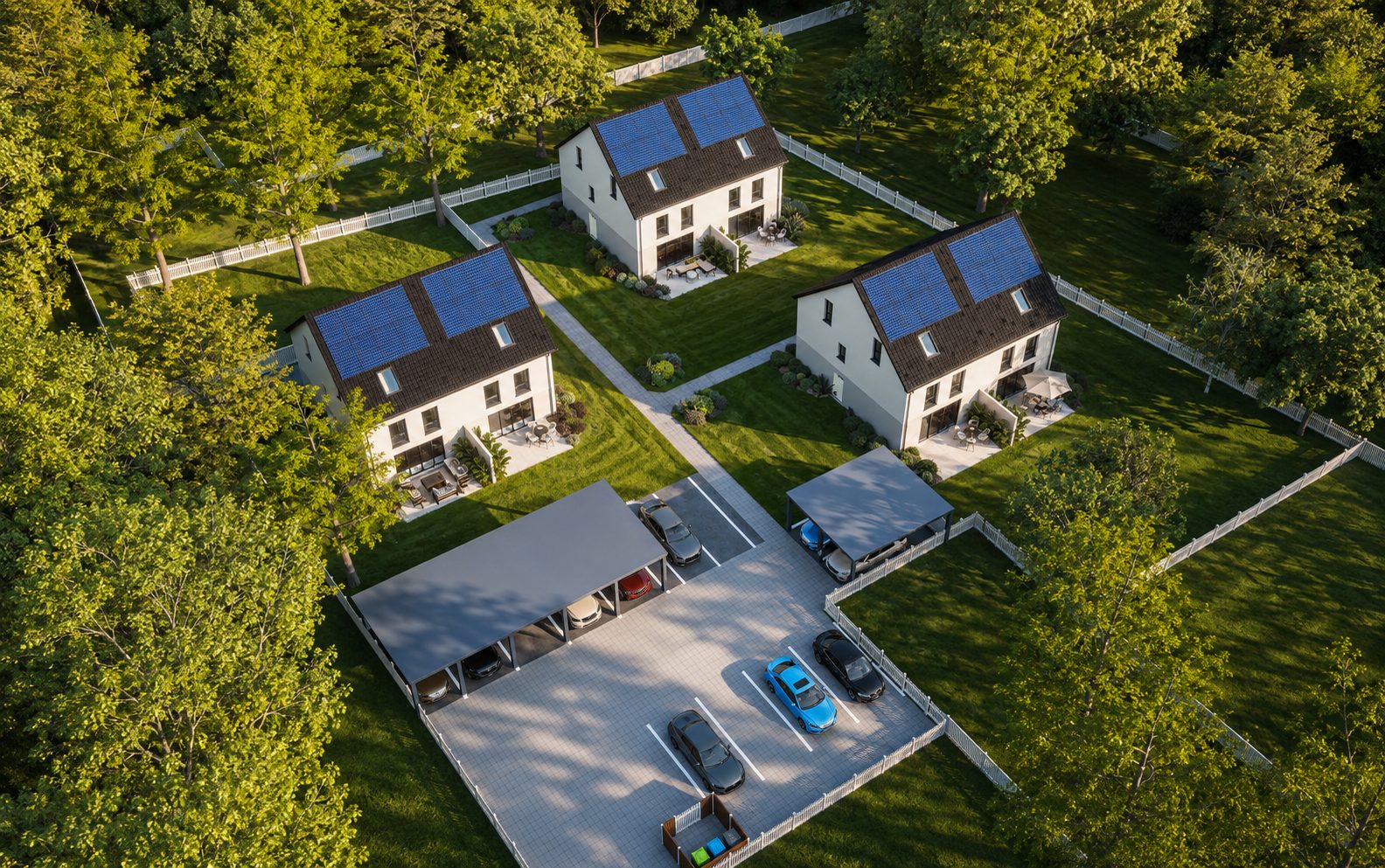 Luftbild-Visualisierung: drei Doppelhäuser um eine private Wohnstraße